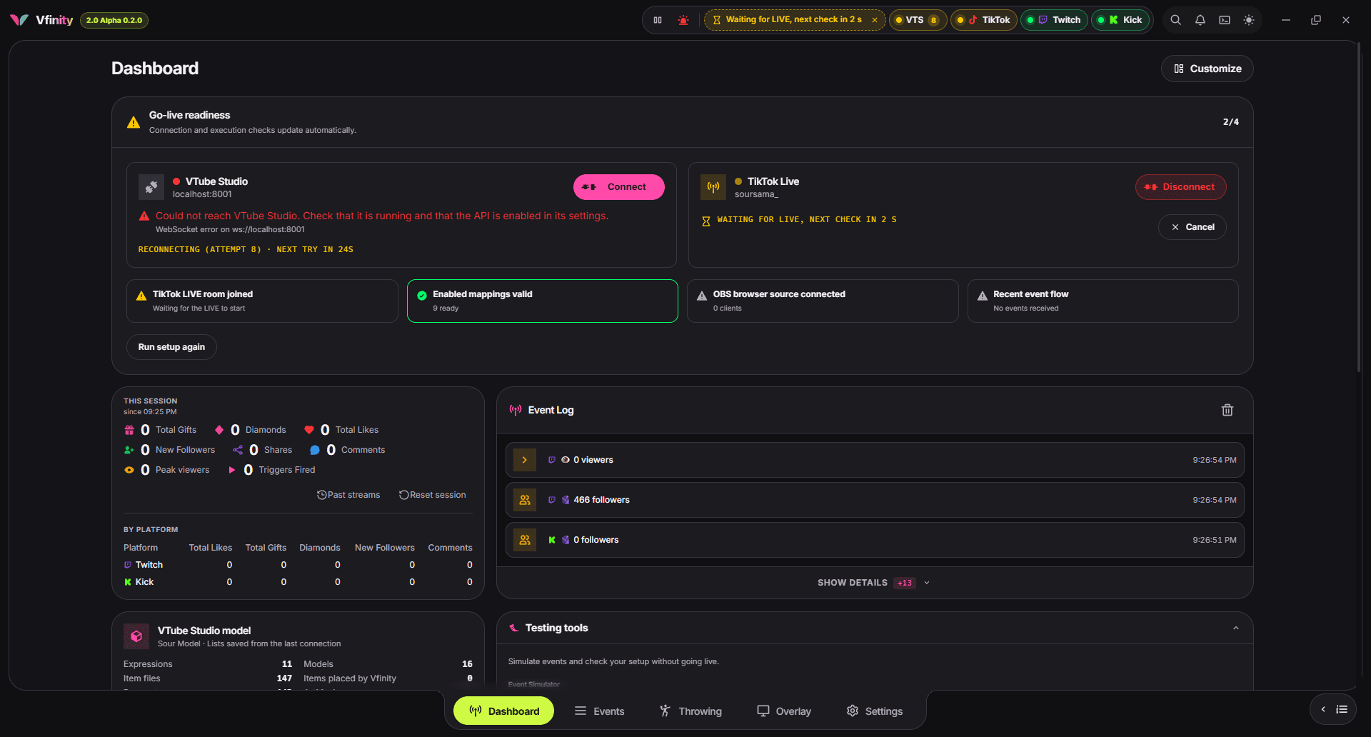 Vfinity dashboard: go-live readiness checks, session counters, event log and testing tools