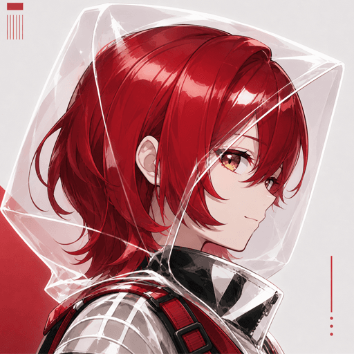 Banno character card: a red-haired character inside a translucent geometric hood