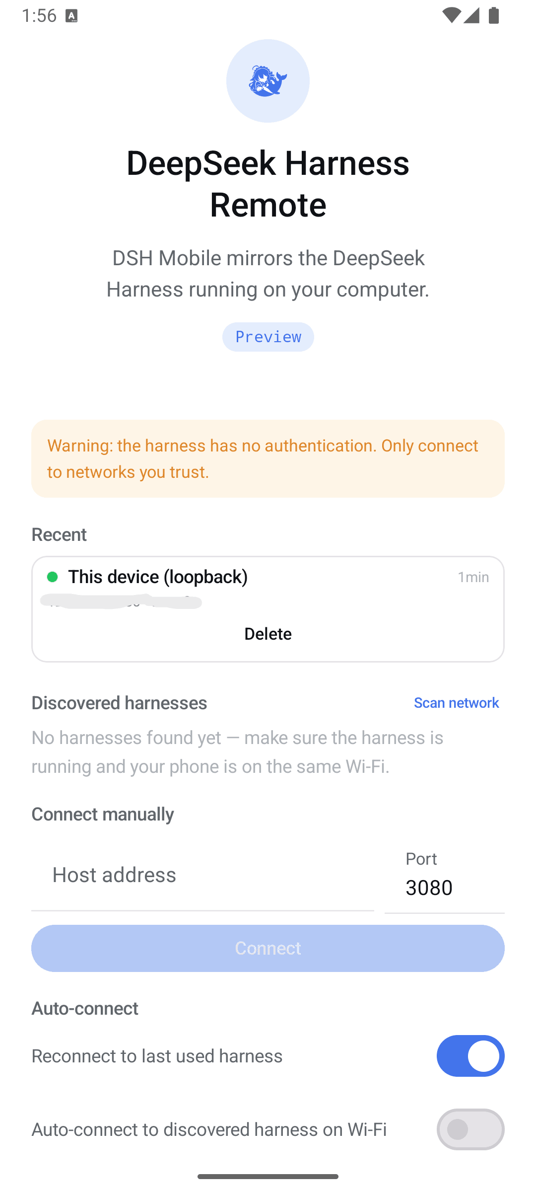 DSH Mobile connect screen: recent harnesses with live reachability, LAN discovery, manual host and port, auto-connect toggles
